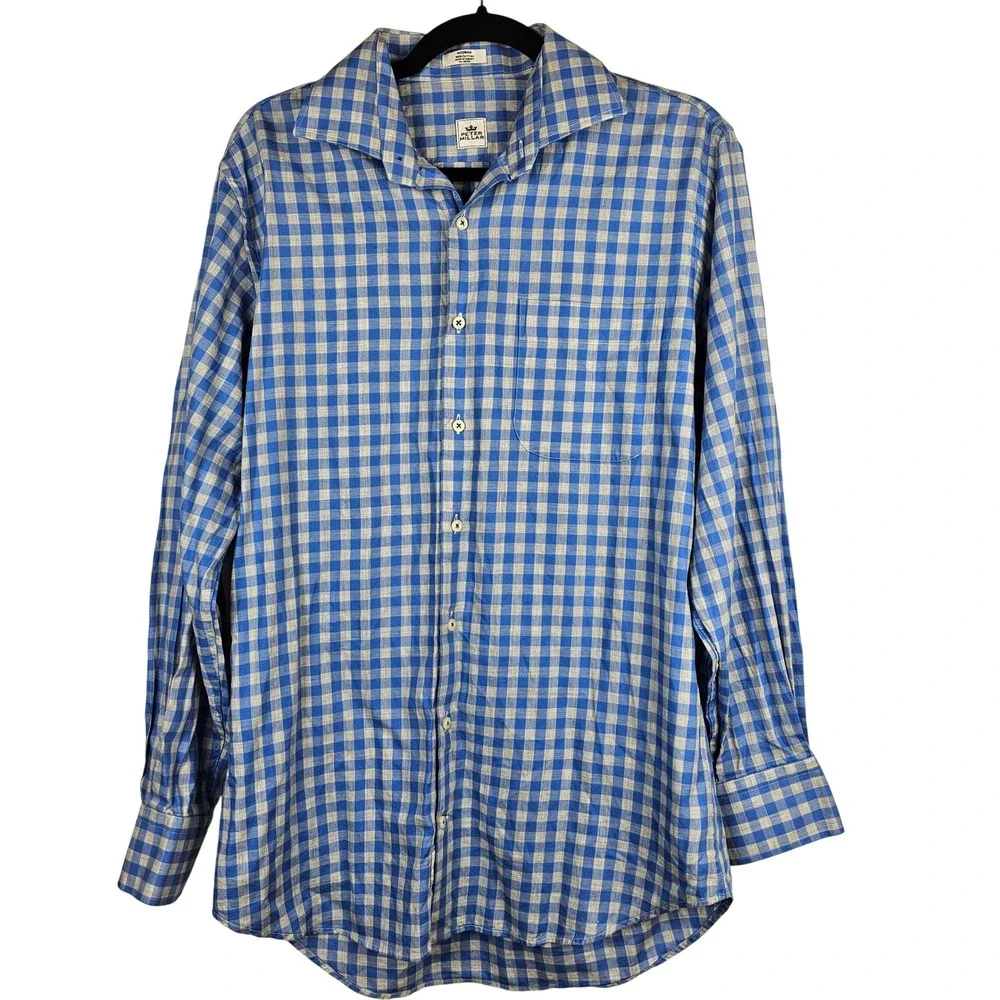 Peter Millar‎ Men's Medium Blue Tan Gingham Cotton Long Sleeve Button Down Shirt